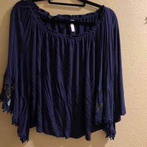 Blue boho off the shoulder bell sleeve top